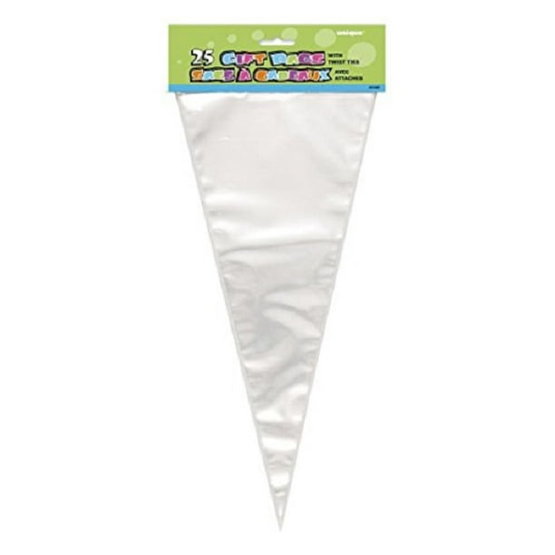 PARTY BAGS UNIQUE LARGE CELLOPHANE CONE BAGS WITH 4" TWIST TIES PACK OF 100